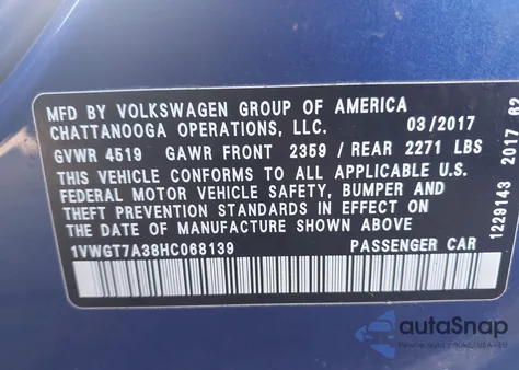 2017 Volkswagen Passat 1.8T Se z USA, uszkodzony, nr VIN 1VWGT7A38HC068139